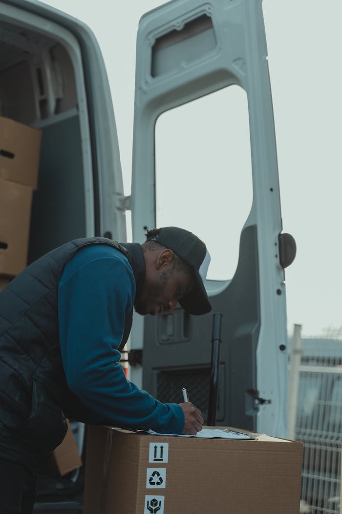 Past Performance A delivery worker signs documents outside a parked van, managing logistics efficiently.